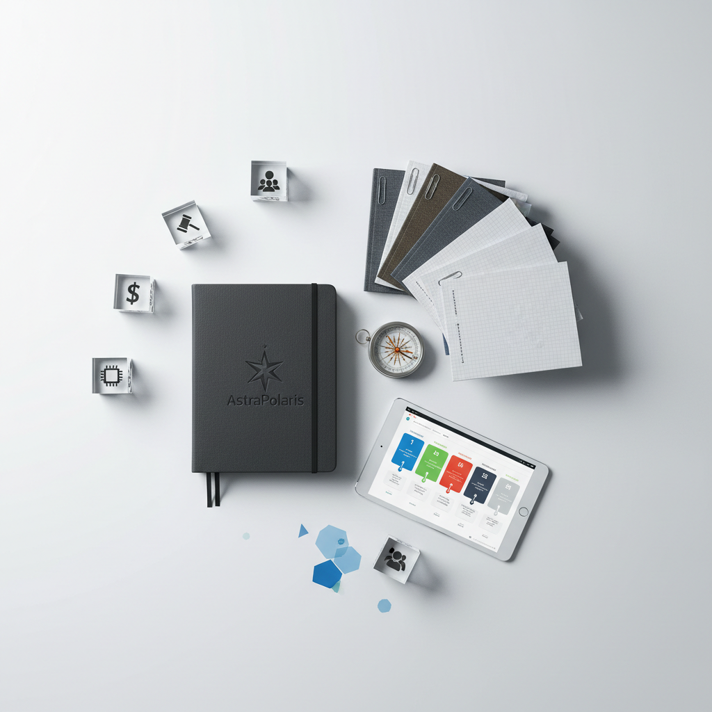 An elegant circular arrangement of premium office objects on a matte white surface: a dark charcoal notebook embossed with a subtle star-like AstraPolaris logo, a stack of neatly clipped consulting reports, a slim tablet showing a structured project plan, and a polished metallic compass symbolizing strategic direction. Transparent acrylic blocks form a constellation-like pattern nearby, each etched with icons for finance, legal, IT, and HR, representing diverse external professionals. Cool, even studio lighting creates crisp shadows and clean reflections, highlighting textures and edges. Shot from a top-down, bird’s eye view in photographic realism with a minimalist, modern aesthetic, conveying organized, cross-functional collaboration and professional, high-level advisory services.