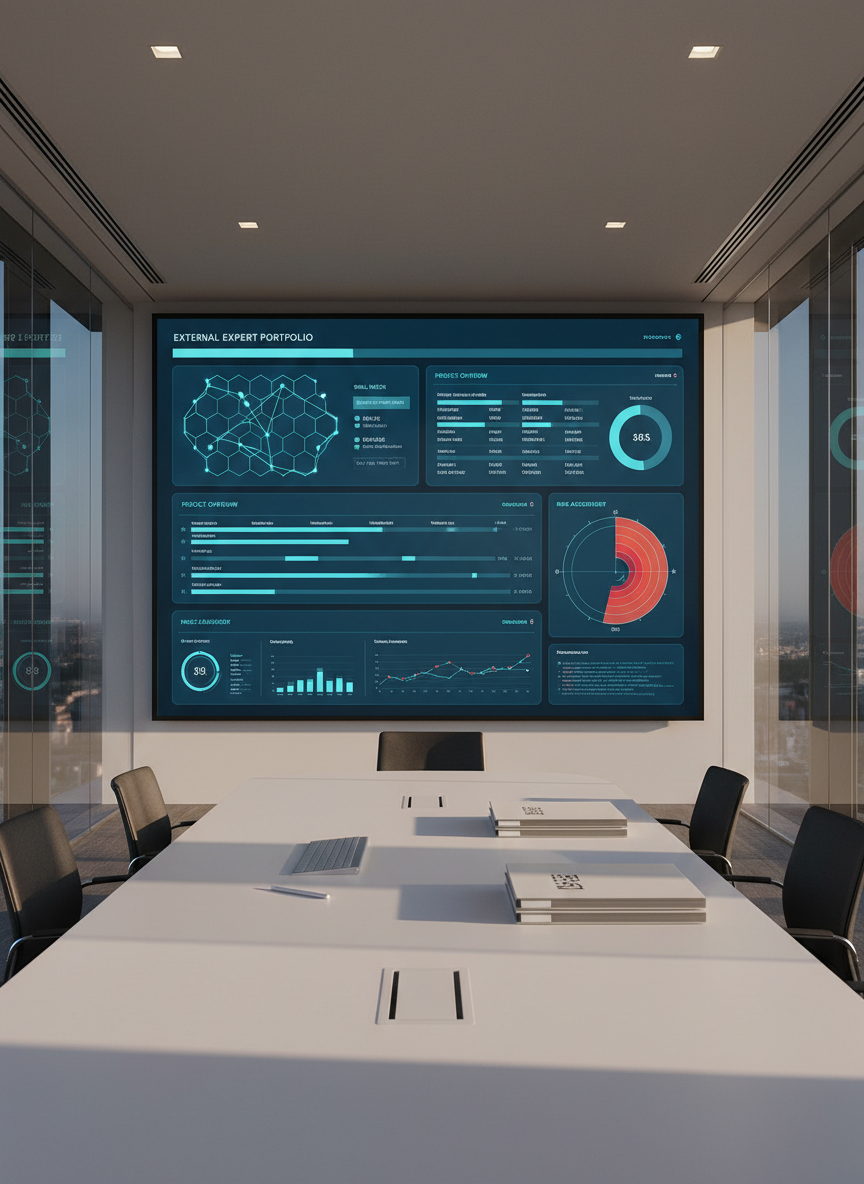 A large, ultra-wide digital dashboard fills a frameless, wall-mounted display in a sophisticated, glass-walled meeting space. The screen shows an integrated portfolio of external experts: skill matrices, project timelines, risk heatmaps, and performance metrics in sleek blues, teals, and whites. Below the screen, a pristine white conference table holds only a wireless keyboard, a silver stylus, and a neat stack of proposal folders with metallic accents. Late afternoon natural light streams in, mixing with discreet recessed ceiling lights, casting soft reflections on the glass walls and polished table. Photographic realism captured at eye level with deep focus, creating a calm, decisive mood that emphasizes strategic control of external professional resources.