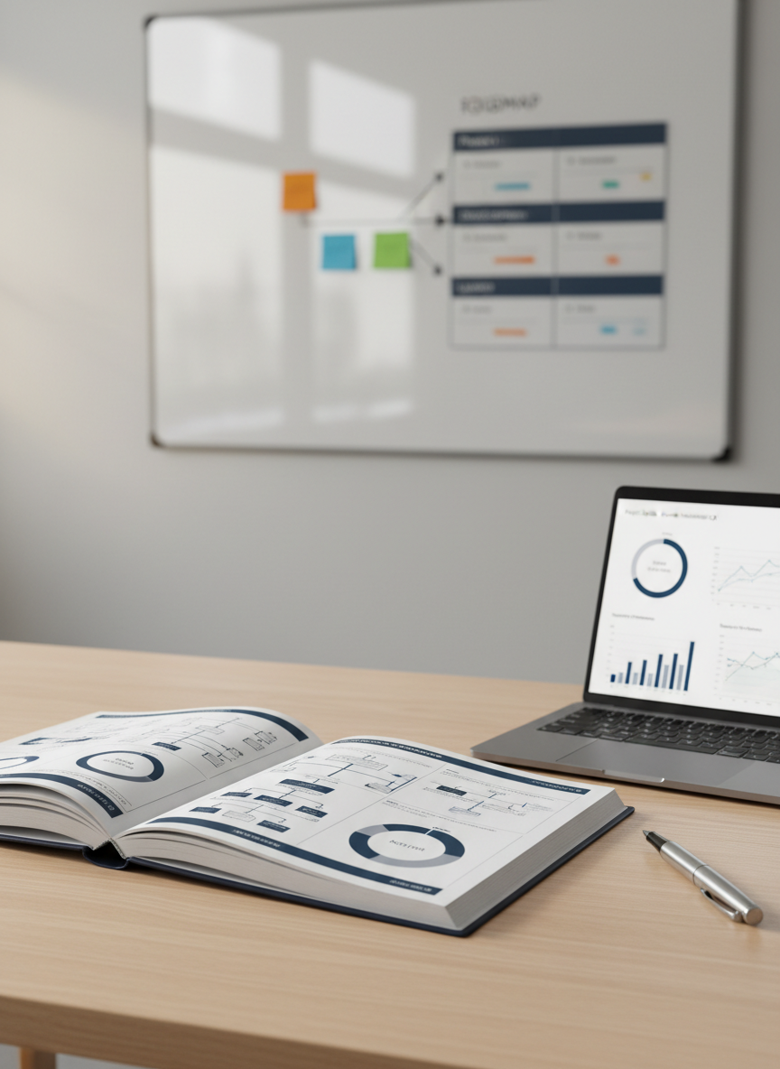 A sleek midnight-blue hardcover strategy workbook lies open on a minimalist light oak desk, its pages filled with neatly structured diagrams, flowcharts, and KPI dashboards in refined navy and silver tones. Beside it rests a brushed metal pen and a slim graphite-gray laptop partially closed, revealing analytical charts on its screen. In the background, a large wall-mounted glass whiteboard displays a crisp, color-coded roadmap. Soft morning daylight enters from an unseen window, diffused across the surface, creating gentle reflections on the glass and subtle shadows under the objects. Photographic realism from a slightly elevated angle with a shallow depth of field, emphasizing clarity, precision, and a professional, consulting-focused atmosphere for external professional utilization support.
